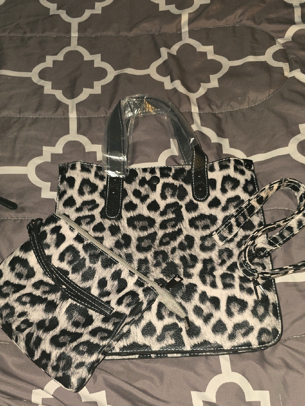 Leopard Print Tote Bag with Matching Pouch - Black & White
